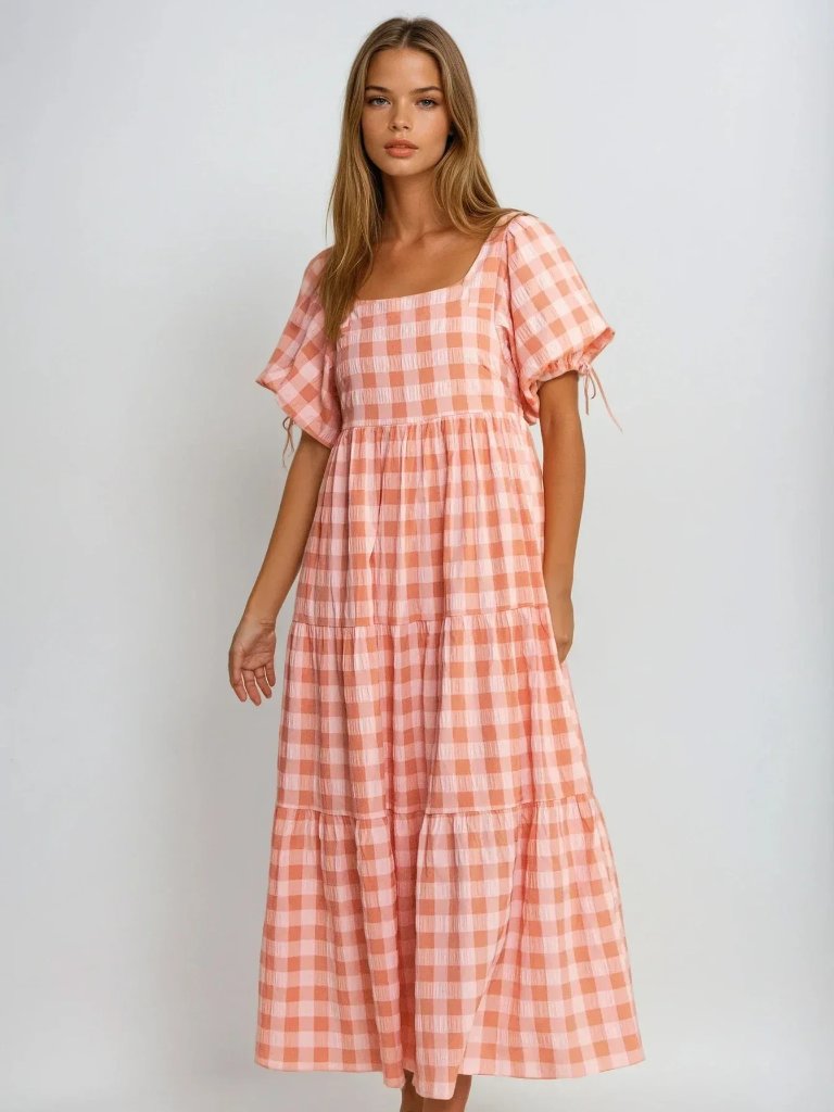 Women's Puff Sleeve Checkered Maxi Dress